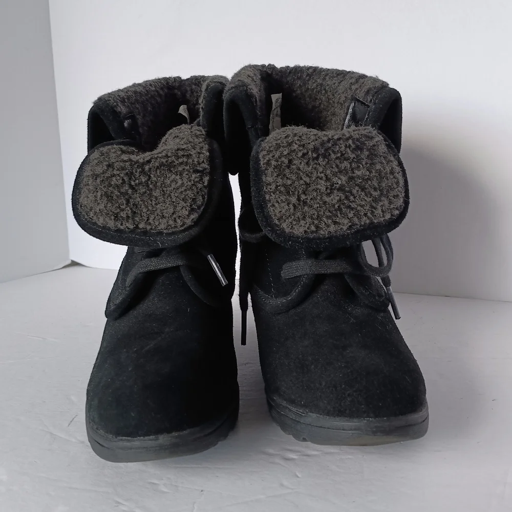 🖤 White Mountain Black Suede Leather Wedge Heels Ankle Boots Wool Laces 6.5